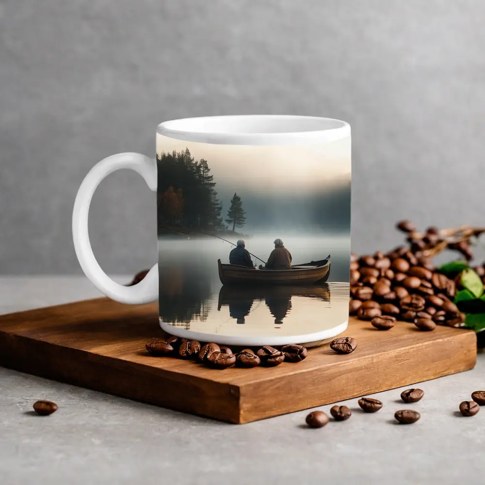Two Men Fishing Misty Lake Autumn Morning – Mugs