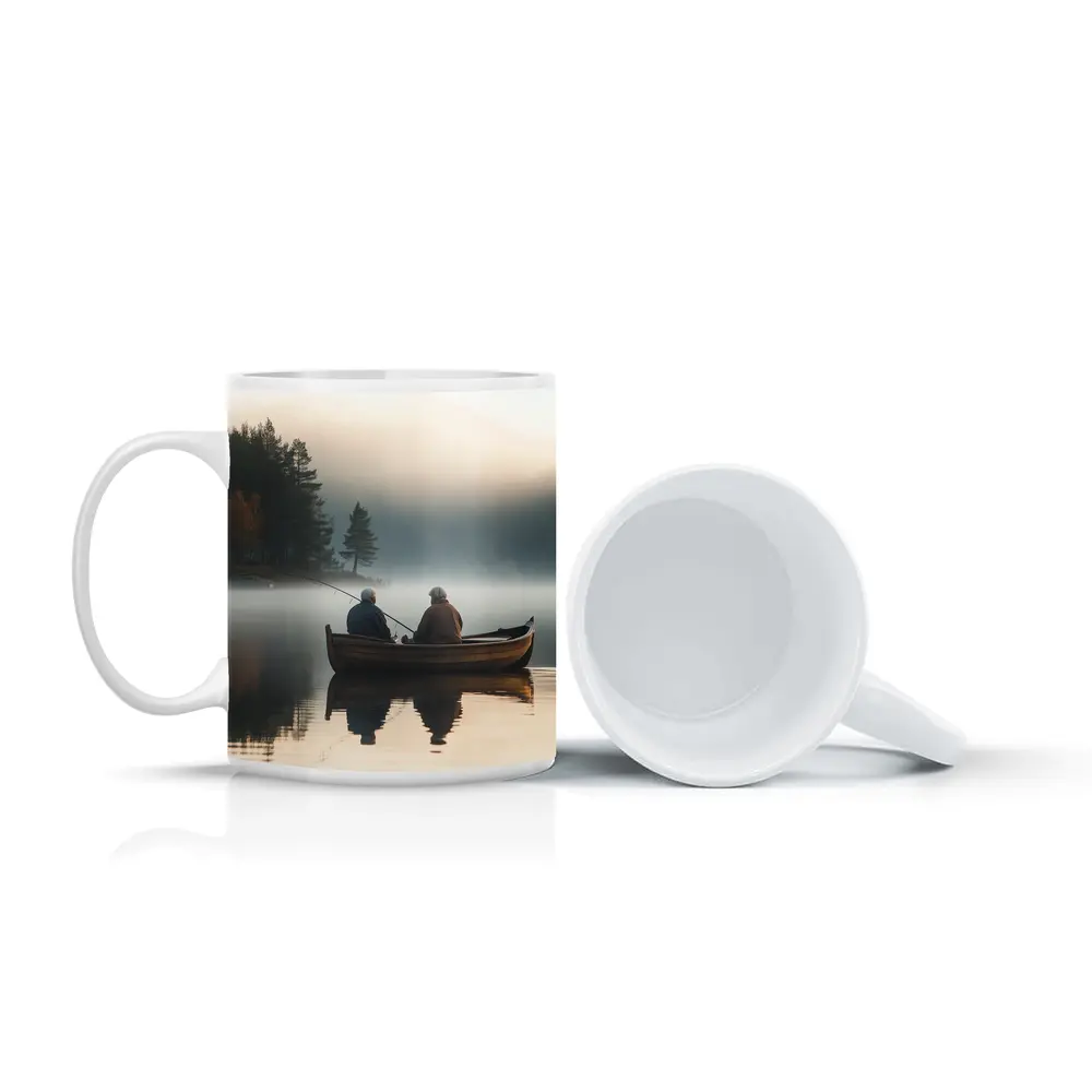 Two Men Fishing Misty Lake Autumn Morning – Mugs