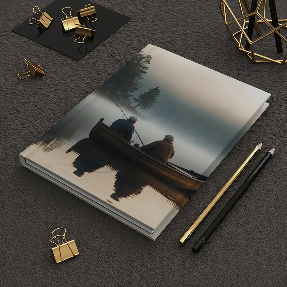 Two Men Fishing Misty Lake Autumn Morning – Notebooks