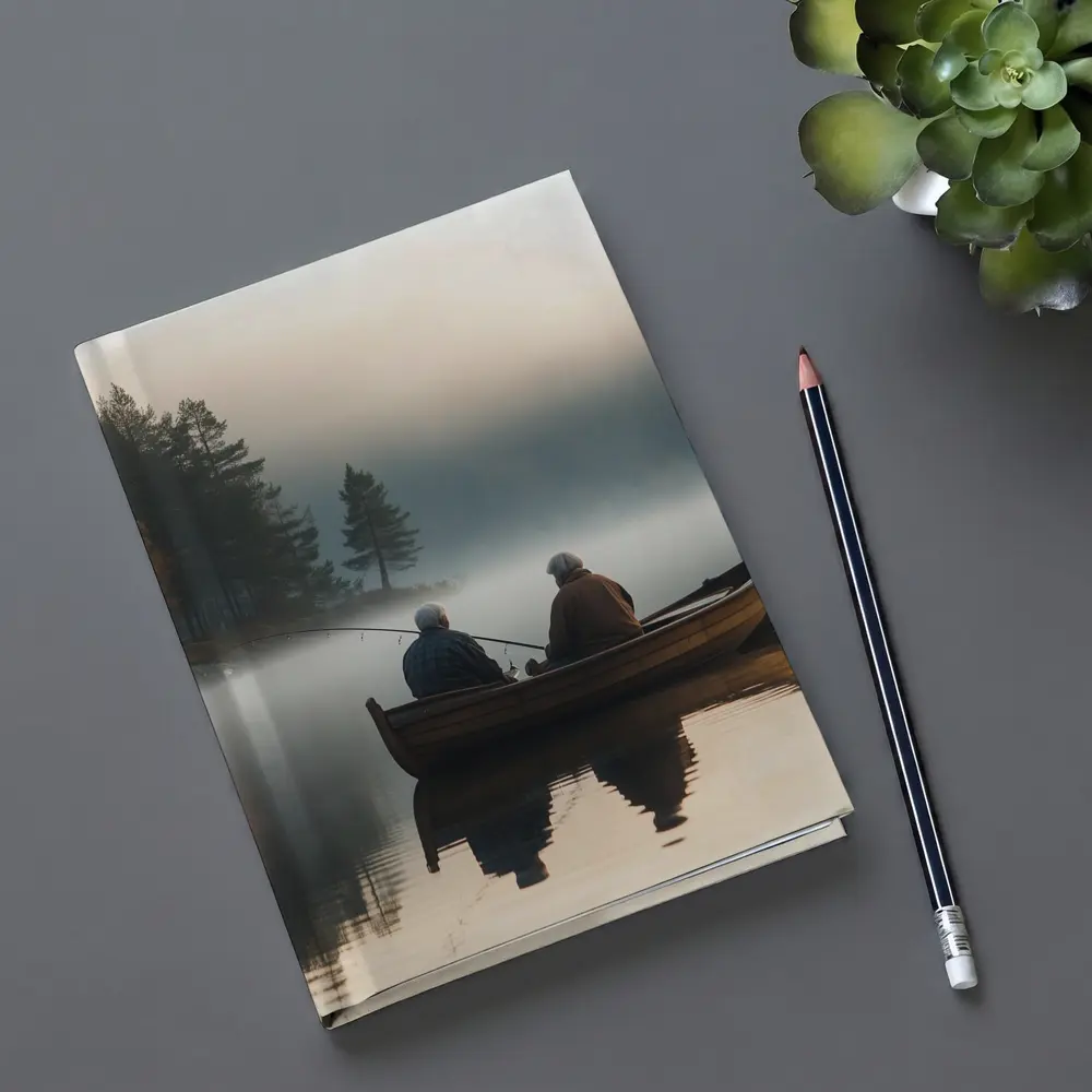 Two Men Fishing Misty Lake Autumn Morning – Notebooks