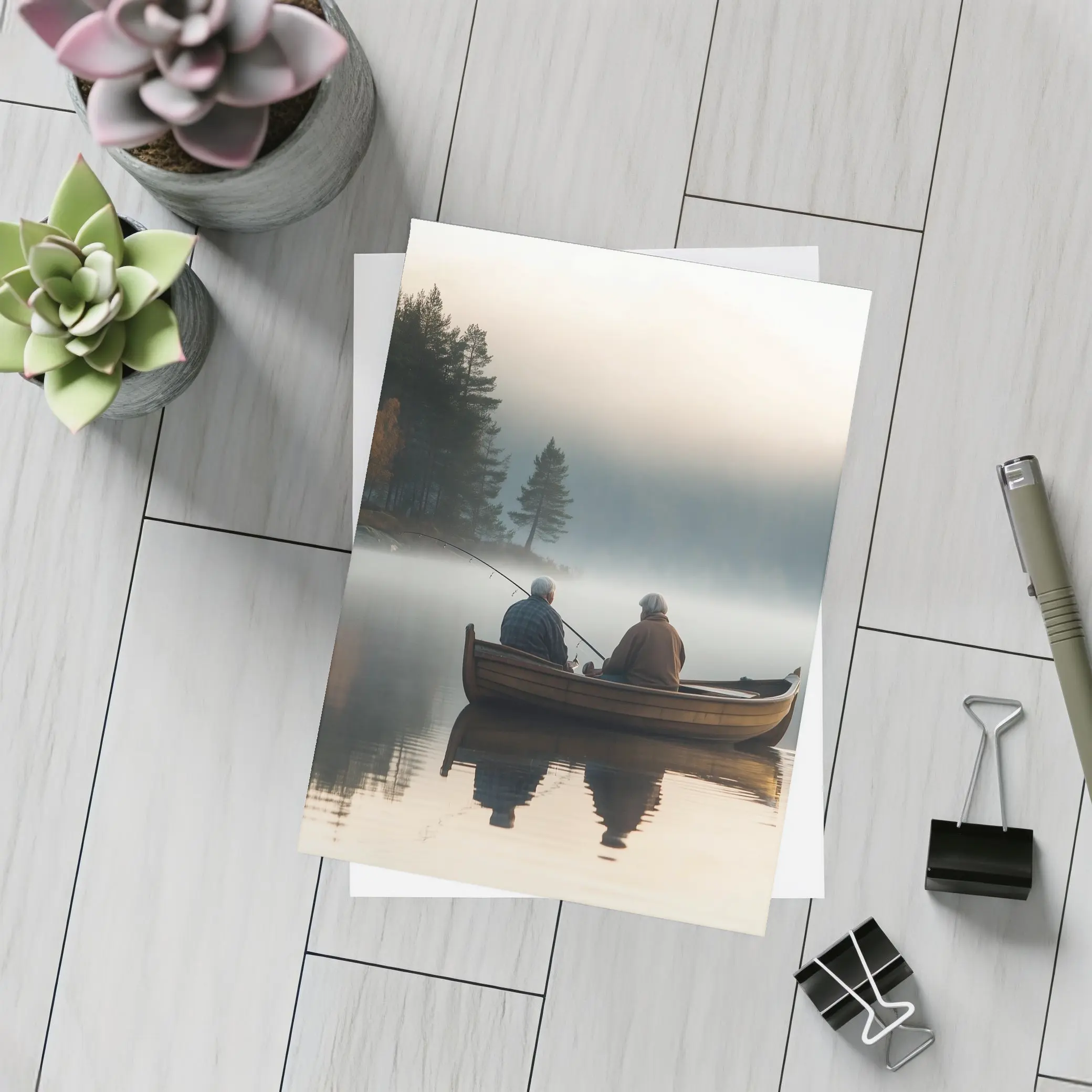 Two Men Fishing Misty Lake Autumn Morning – Postcards