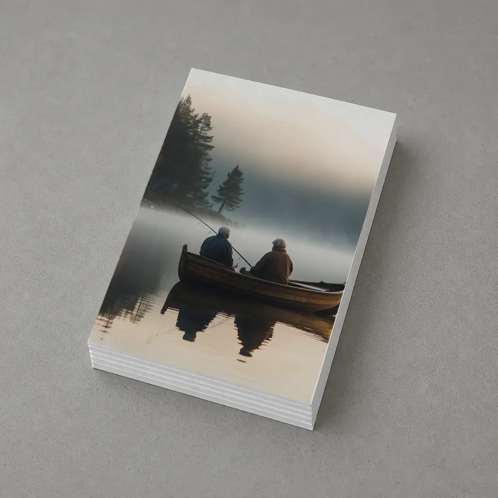 Two Men Fishing Misty Lake Autumn Morning – Postcards