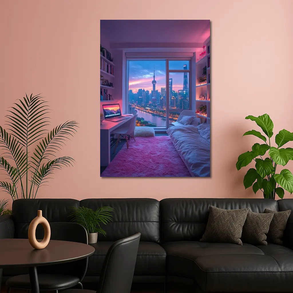 Shanghai Skyline Cozy Bedroom Neon Night – Wall Art