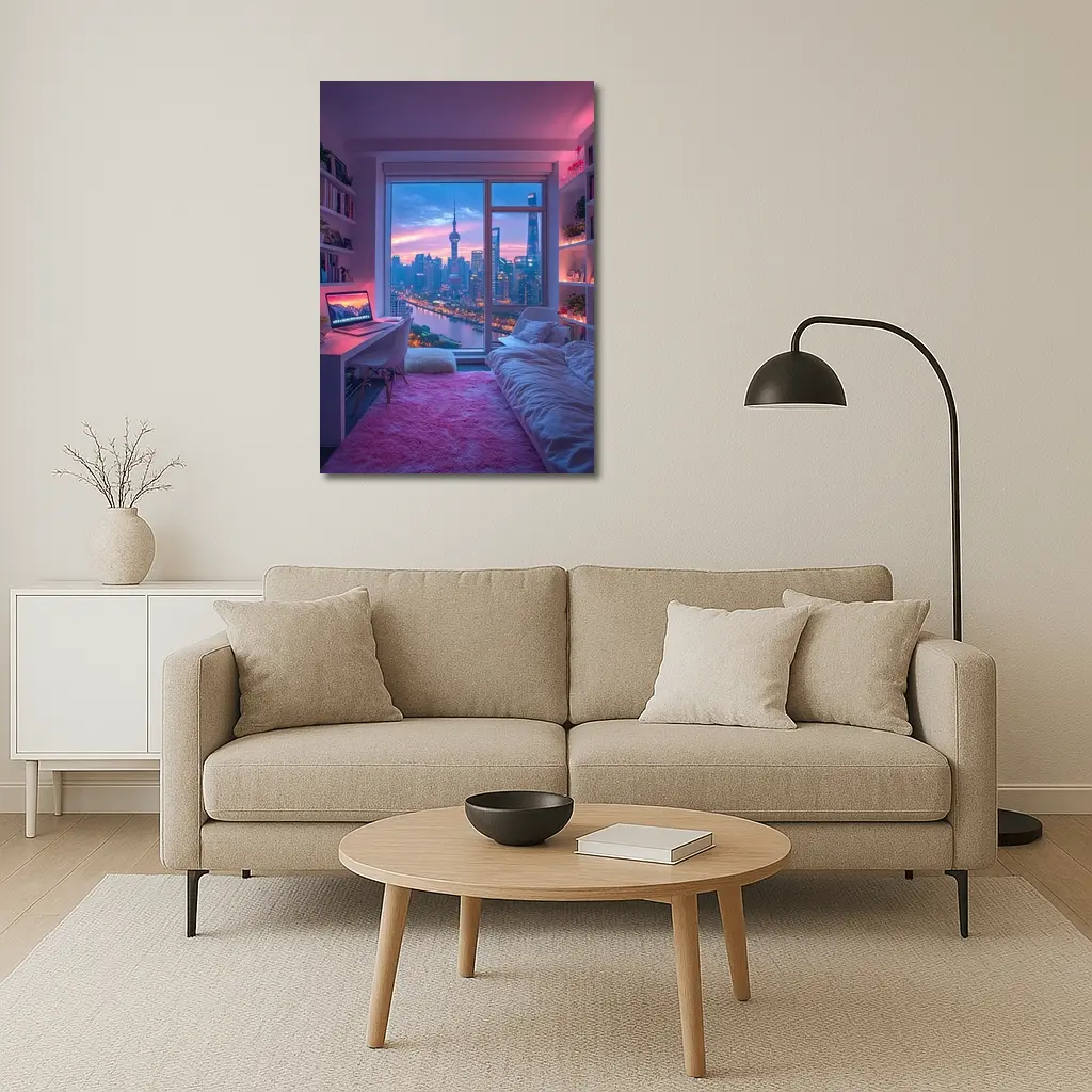 Shanghai Skyline Cozy Bedroom Neon Night – Wall Art