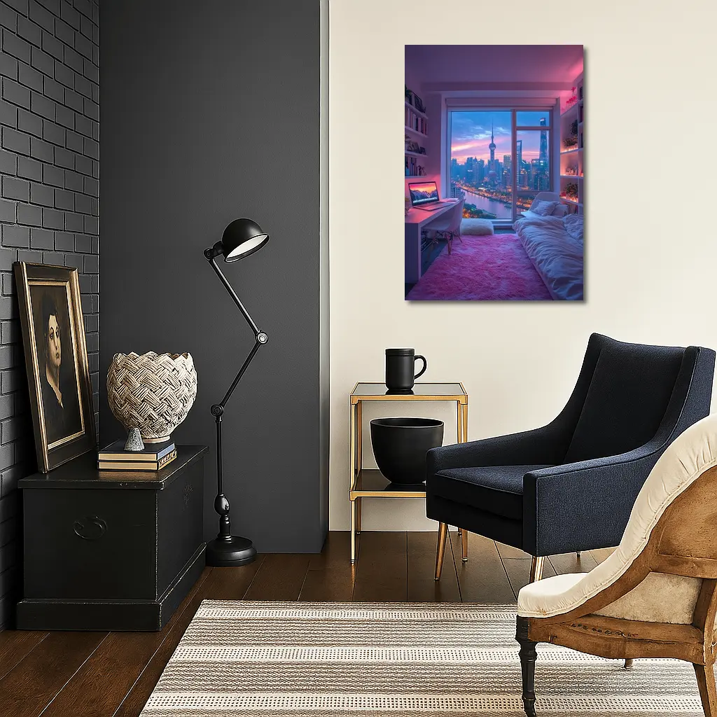 Shanghai Skyline Cozy Bedroom Neon Night – Wall Art