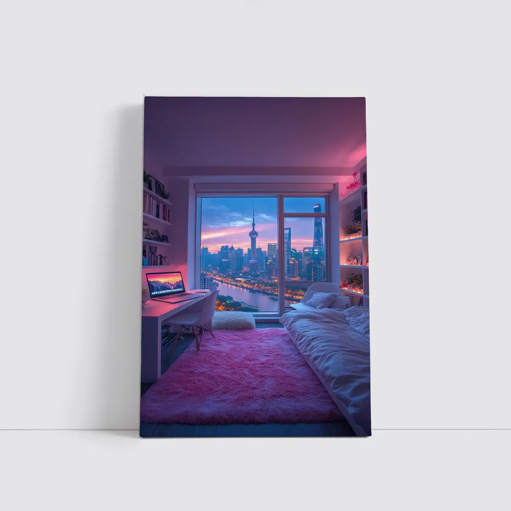 Shanghai Skyline Cozy Bedroom Neon Night – Wall Art