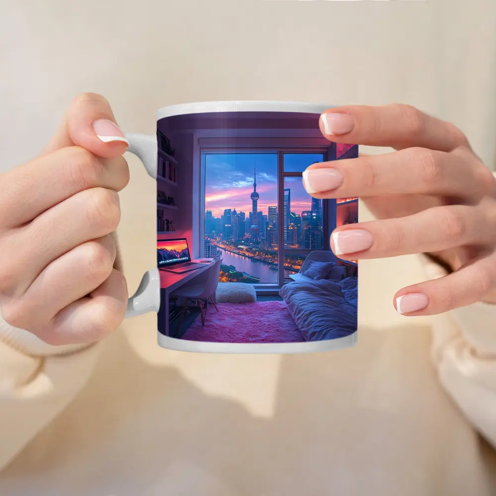 Shanghai Skyline Cozy Bedroom Neon Night – Mugs