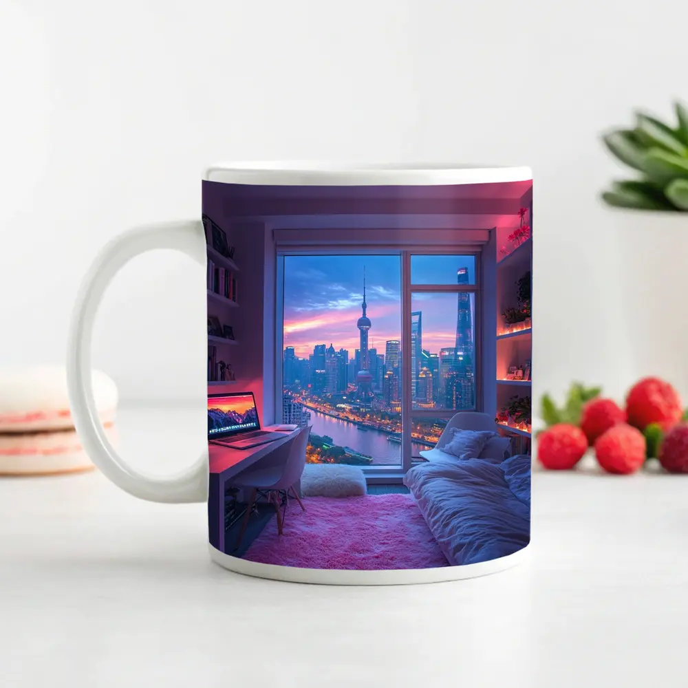 Shanghai Skyline Cozy Bedroom Neon Night – Mugs