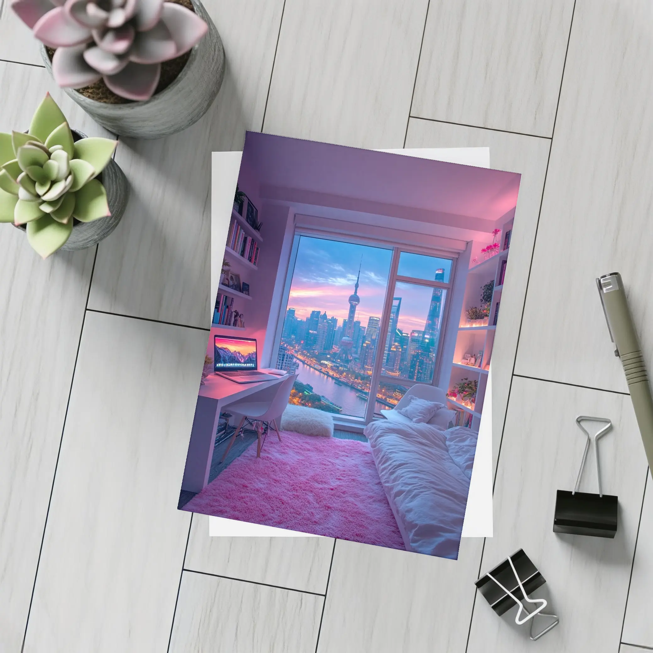 Shanghai Skyline Cozy Bedroom Neon Night – Postcards