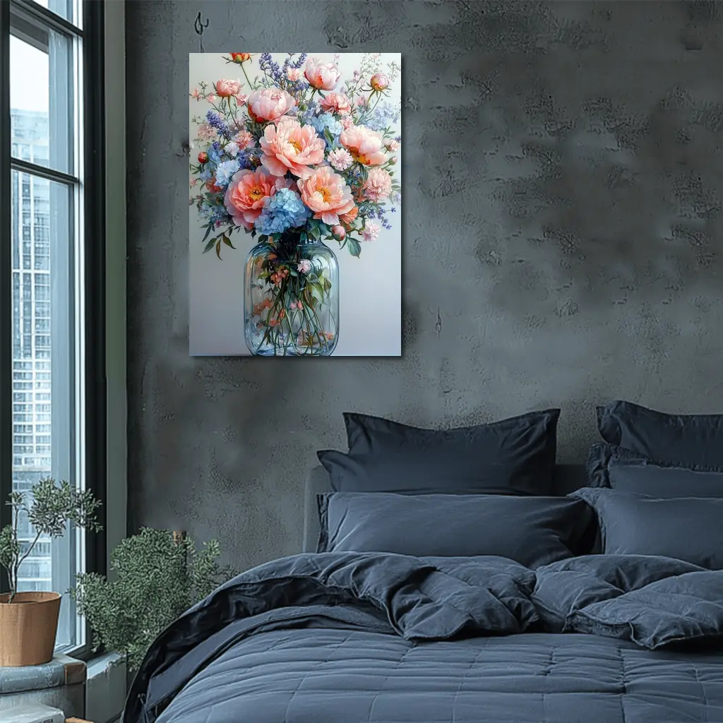 Pink Peonies Blue Hydrangeas Glass Vase Painting – Wall Art