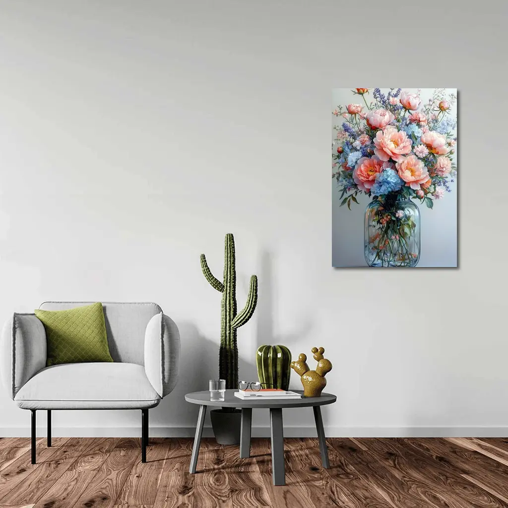 Pink Peonies Blue Hydrangeas Glass Vase Painting – Wall Art