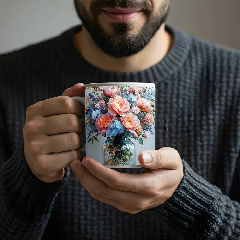 Pink Peonies Blue Hydrangeas Glass Vase Painting – Mugs