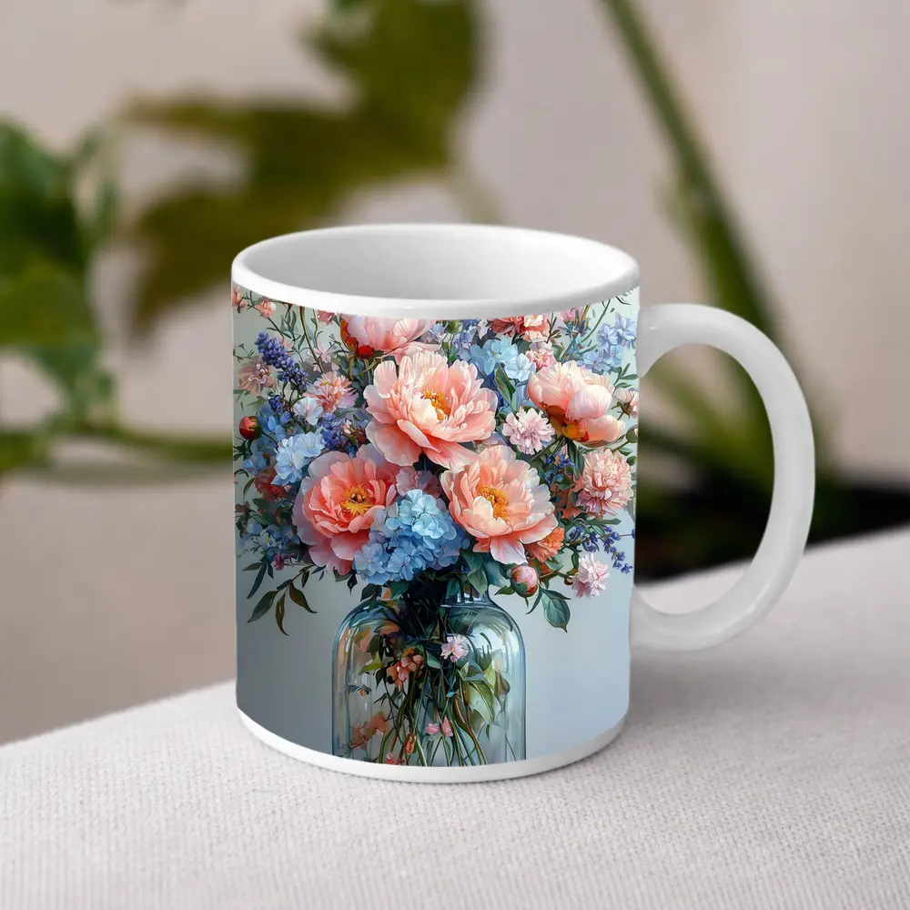 Pink Peonies Blue Hydrangeas Glass Vase Painting – Mugs