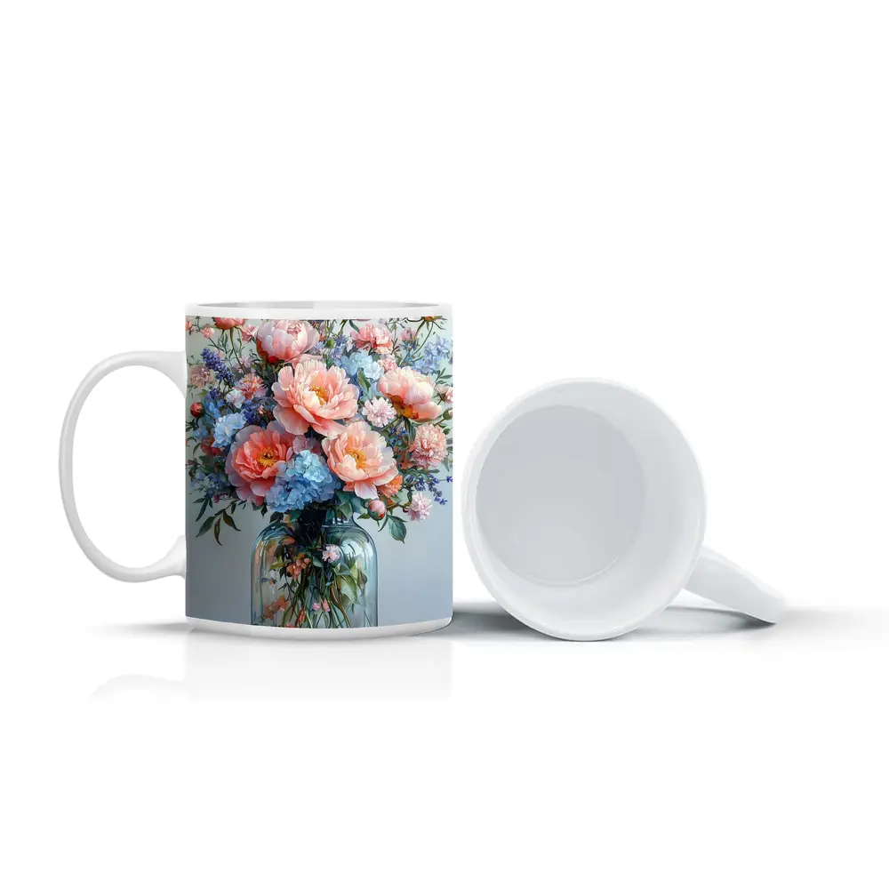 Pink Peonies Blue Hydrangeas Glass Vase Painting – Mugs