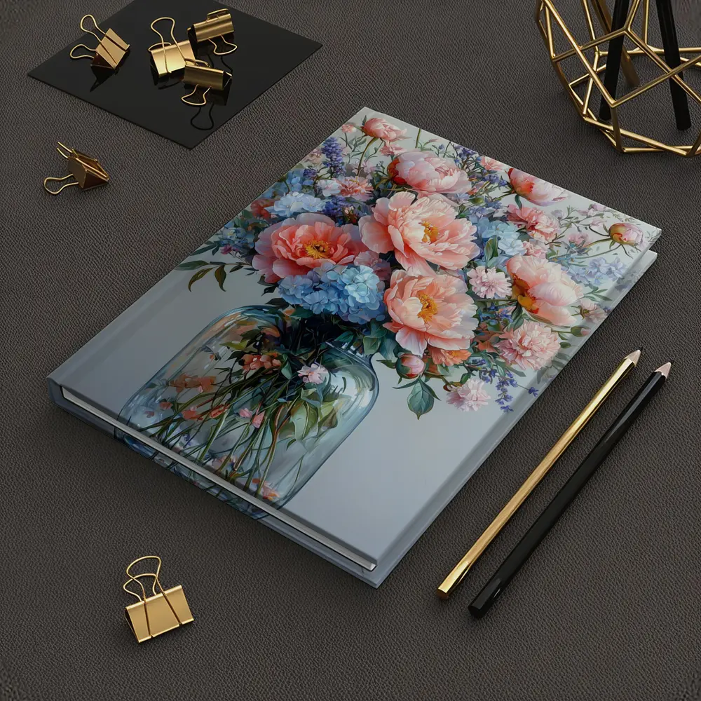 Pink Peonies Blue Hydrangeas Glass Vase Painting – Notebooks