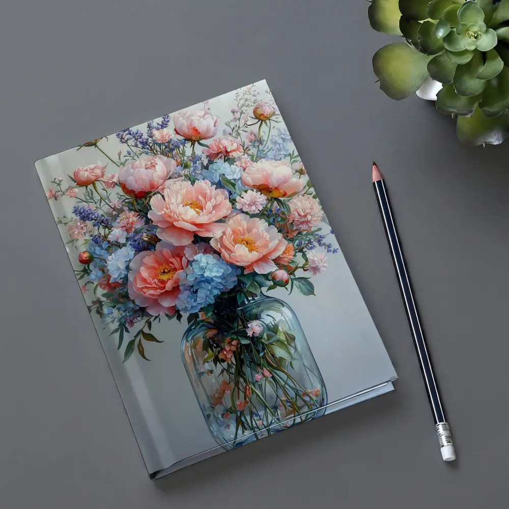 Pink Peonies Blue Hydrangeas Glass Vase Painting – Notebooks