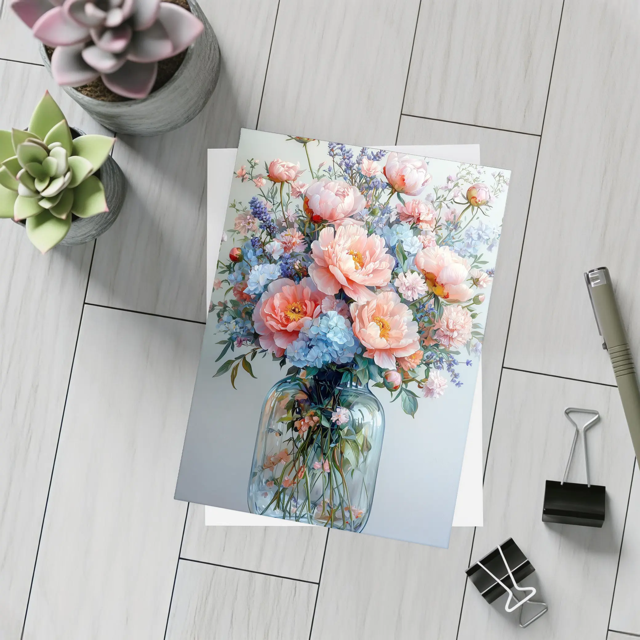 Pink Peonies Blue Hydrangeas Glass Vase Painting – Postcards