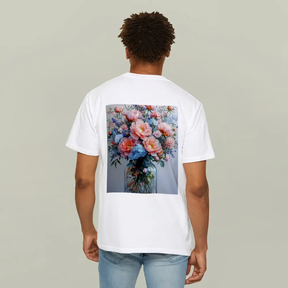Pink Peonies Blue Hydrangeas Glass Vase Painting – T-Shirts
