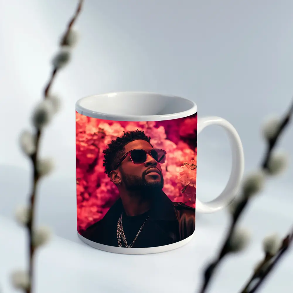 Stylish Man Pink Floral Wall Background – Mugs
