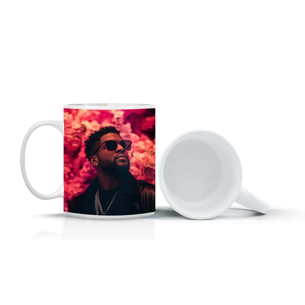 Stylish Man Pink Floral Wall Background – Mugs
