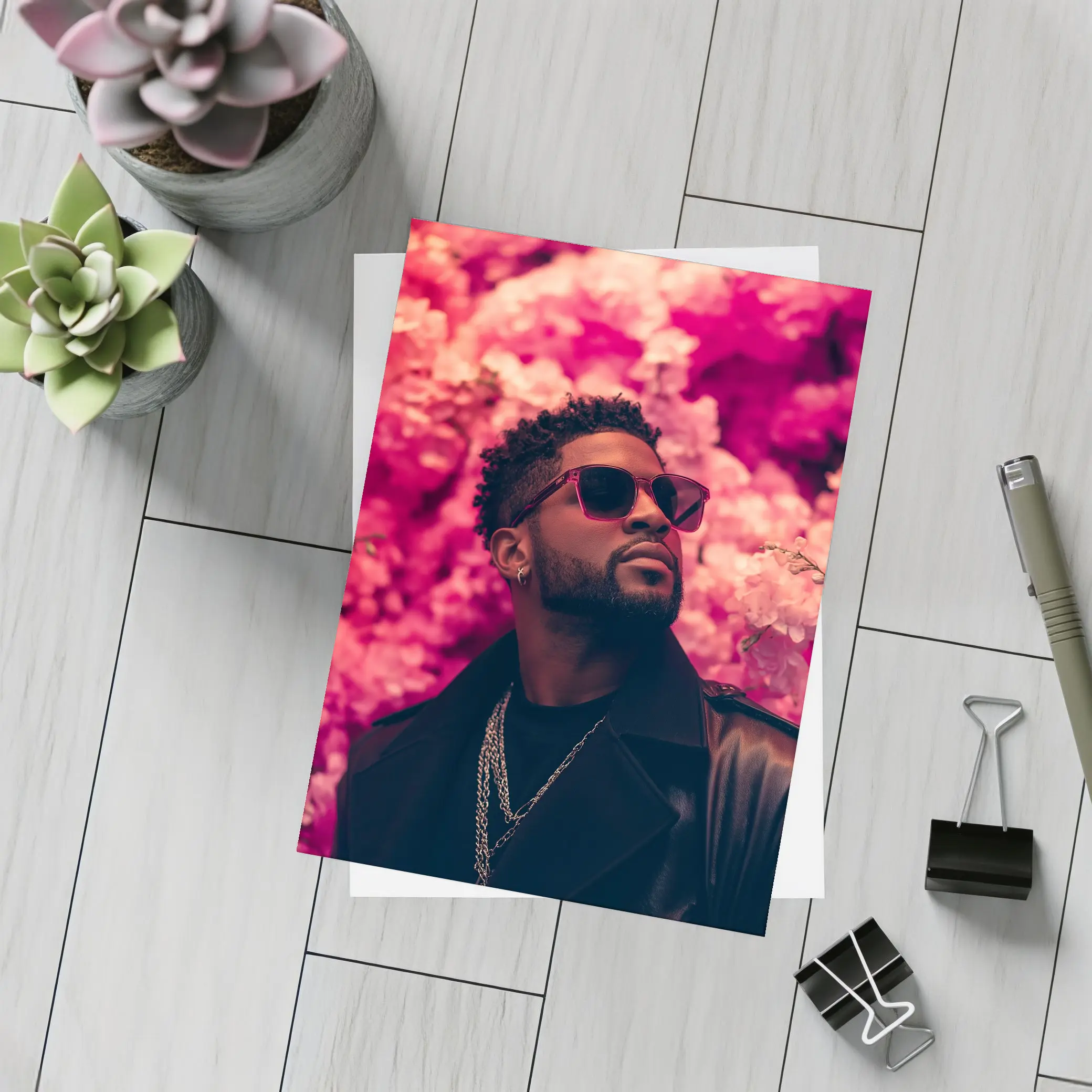 Stylish Man Pink Floral Wall Background – Postcards