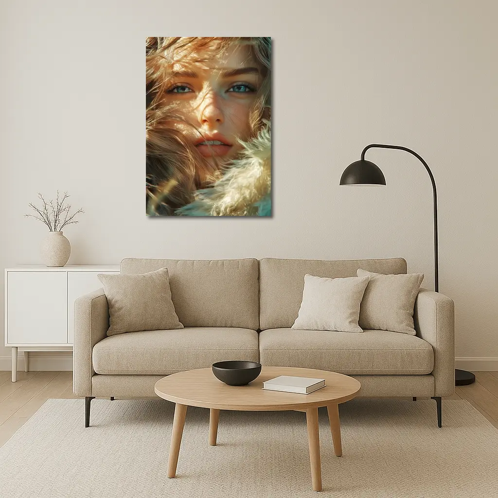 Young Woman Blue Eyes Windswept Hair Sunlight – Wall Art