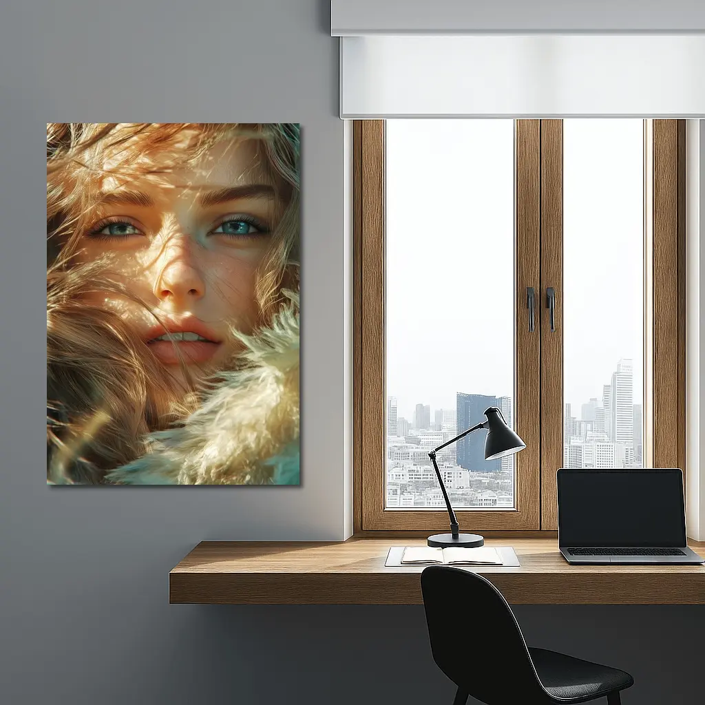 Young Woman Blue Eyes Windswept Hair Sunlight – Wall Art