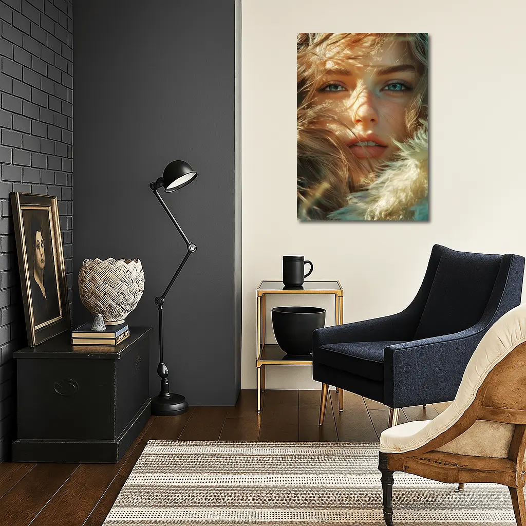 Young Woman Blue Eyes Windswept Hair Sunlight – Wall Art