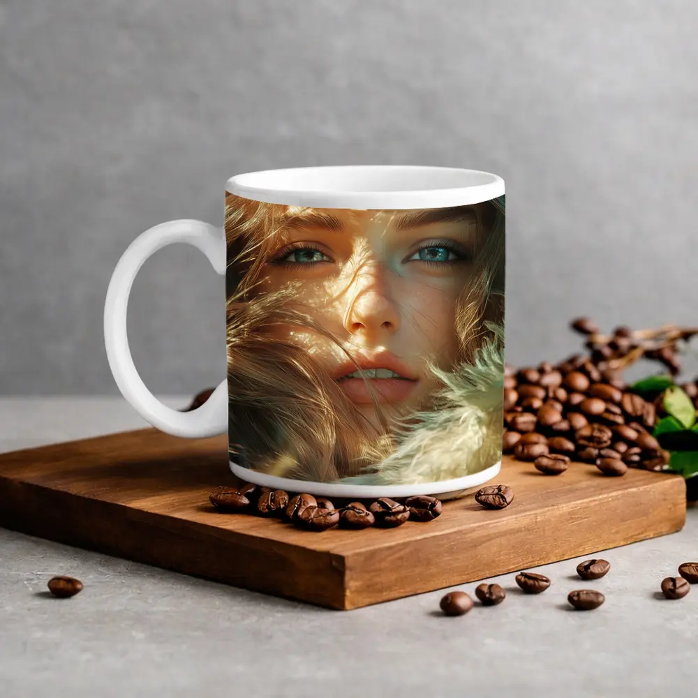 Young Woman Blue Eyes Windswept Hair Sunlight – Mugs