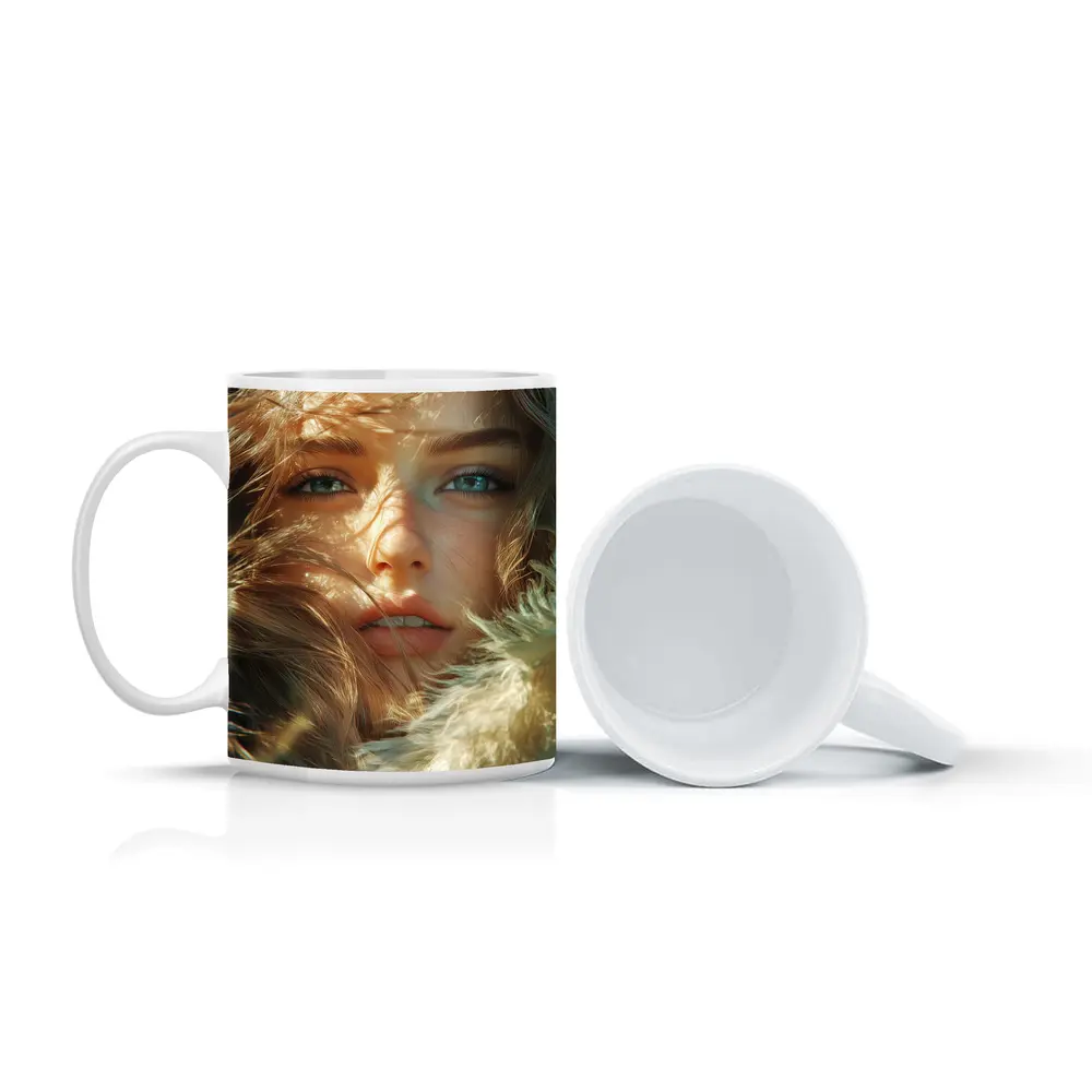 Young Woman Blue Eyes Windswept Hair Sunlight – Mugs