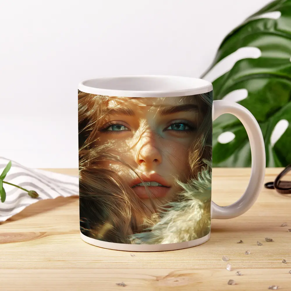 Young Woman Blue Eyes Windswept Hair Sunlight – Mugs