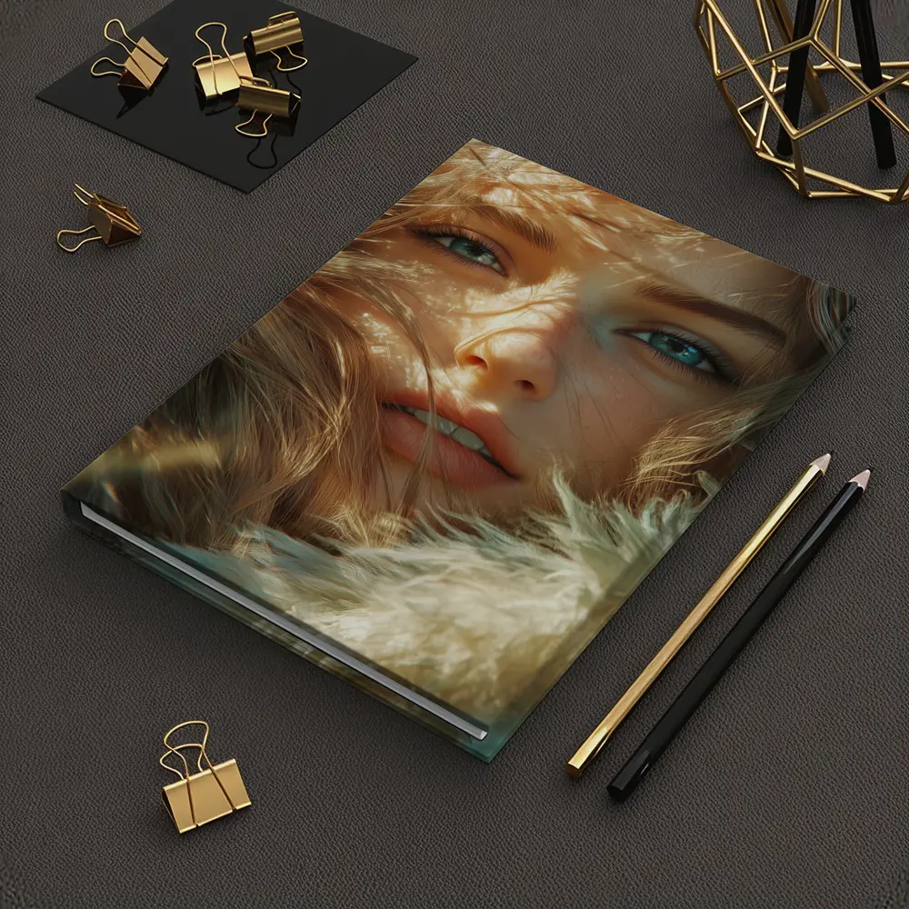 Young Woman Blue Eyes Windswept Hair Sunlight – Notebooks