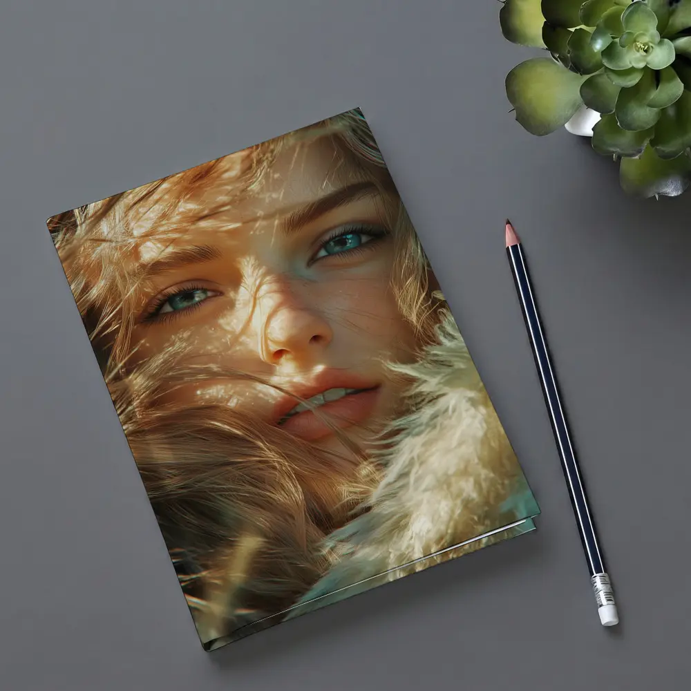 Young Woman Blue Eyes Windswept Hair Sunlight – Notebooks
