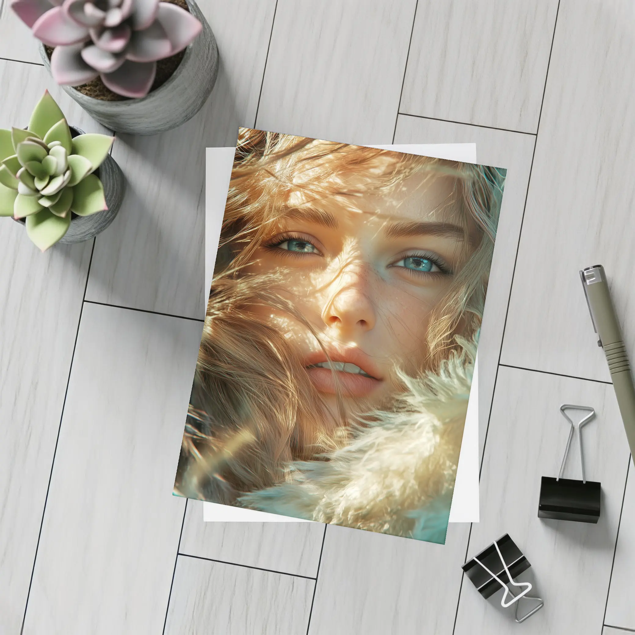 Young Woman Blue Eyes Windswept Hair Sunlight – Postcards