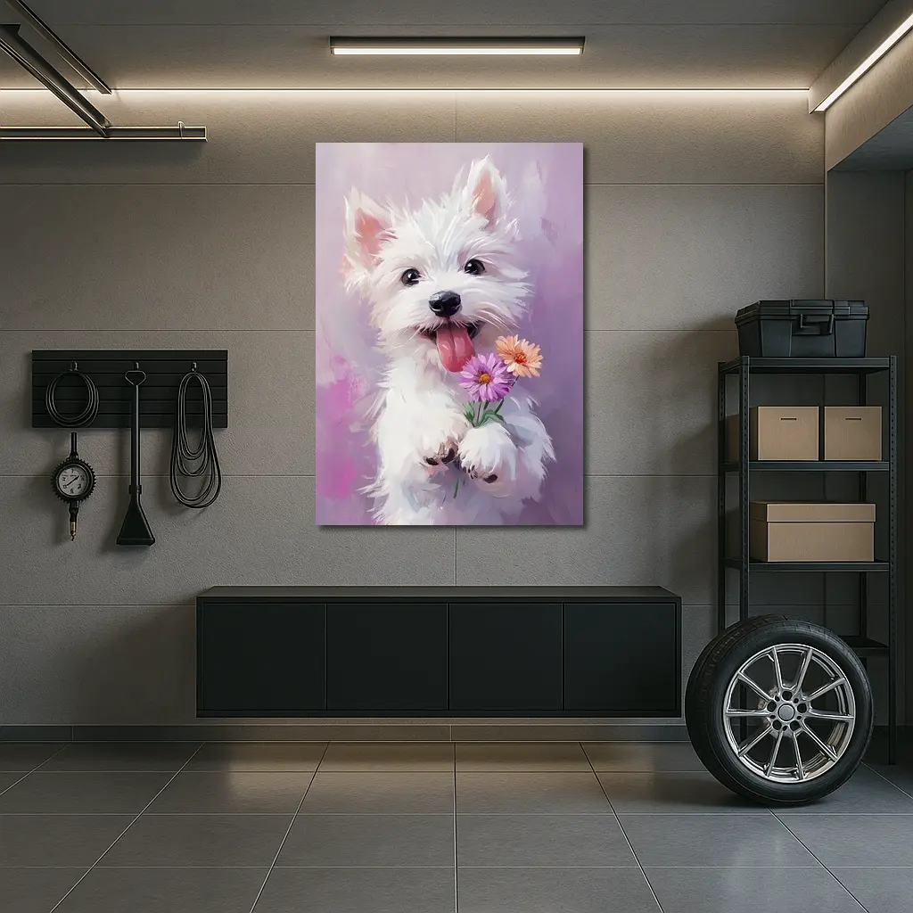 West Highland Terrier Puppy Holding Pink Flowers – Wall Art