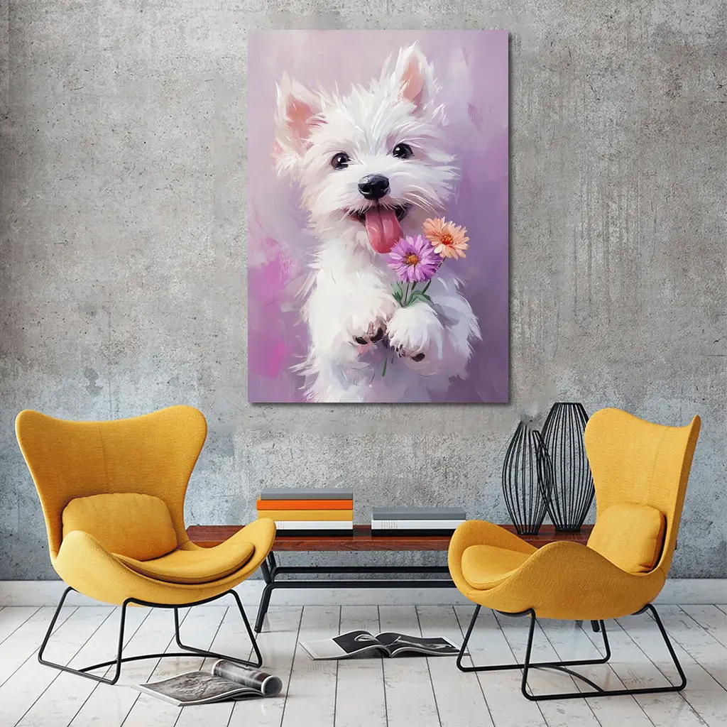 West Highland Terrier Puppy Holding Pink Flowers – Wall Art