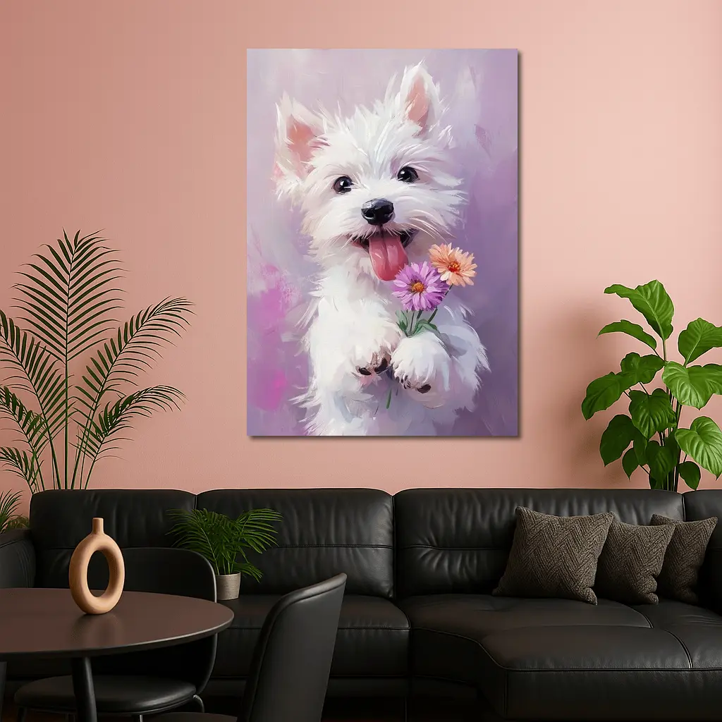 West Highland Terrier Puppy Holding Pink Flowers – Wall Art