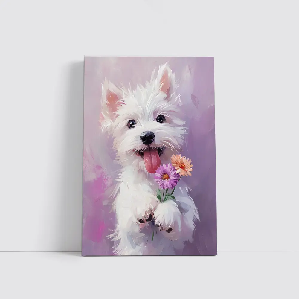 West Highland Terrier Puppy Holding Pink Flowers – Wall Art