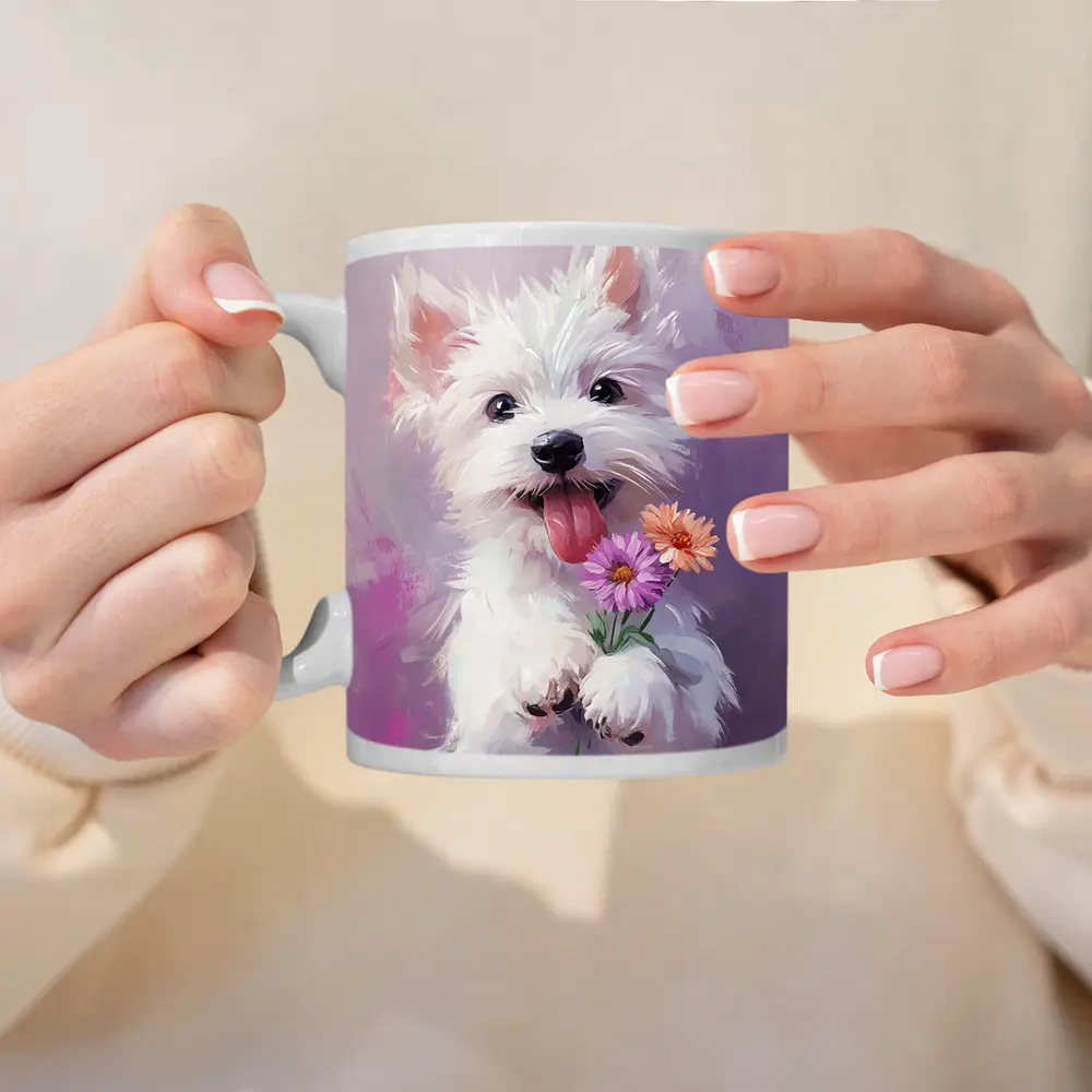 West Highland Terrier Puppy Holding Pink Flowers – Mugs