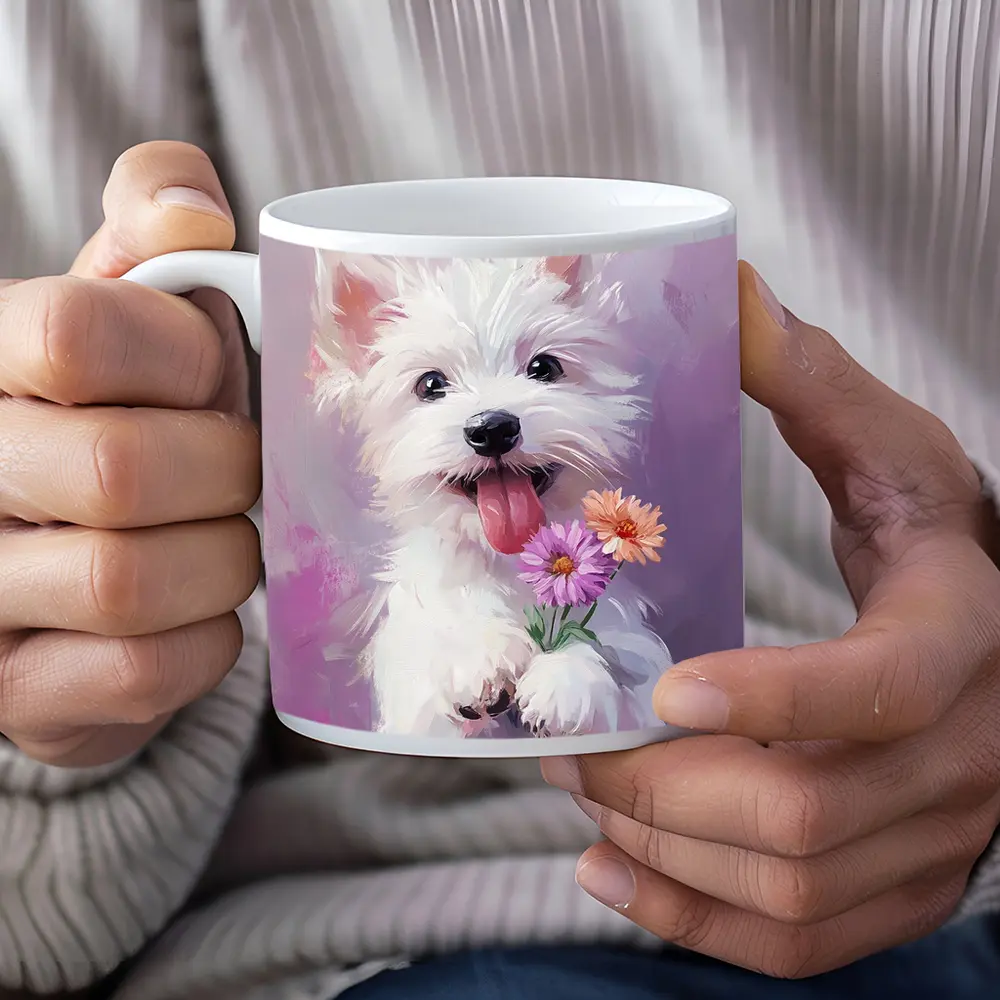 West Highland Terrier Puppy Holding Pink Flowers – Mugs