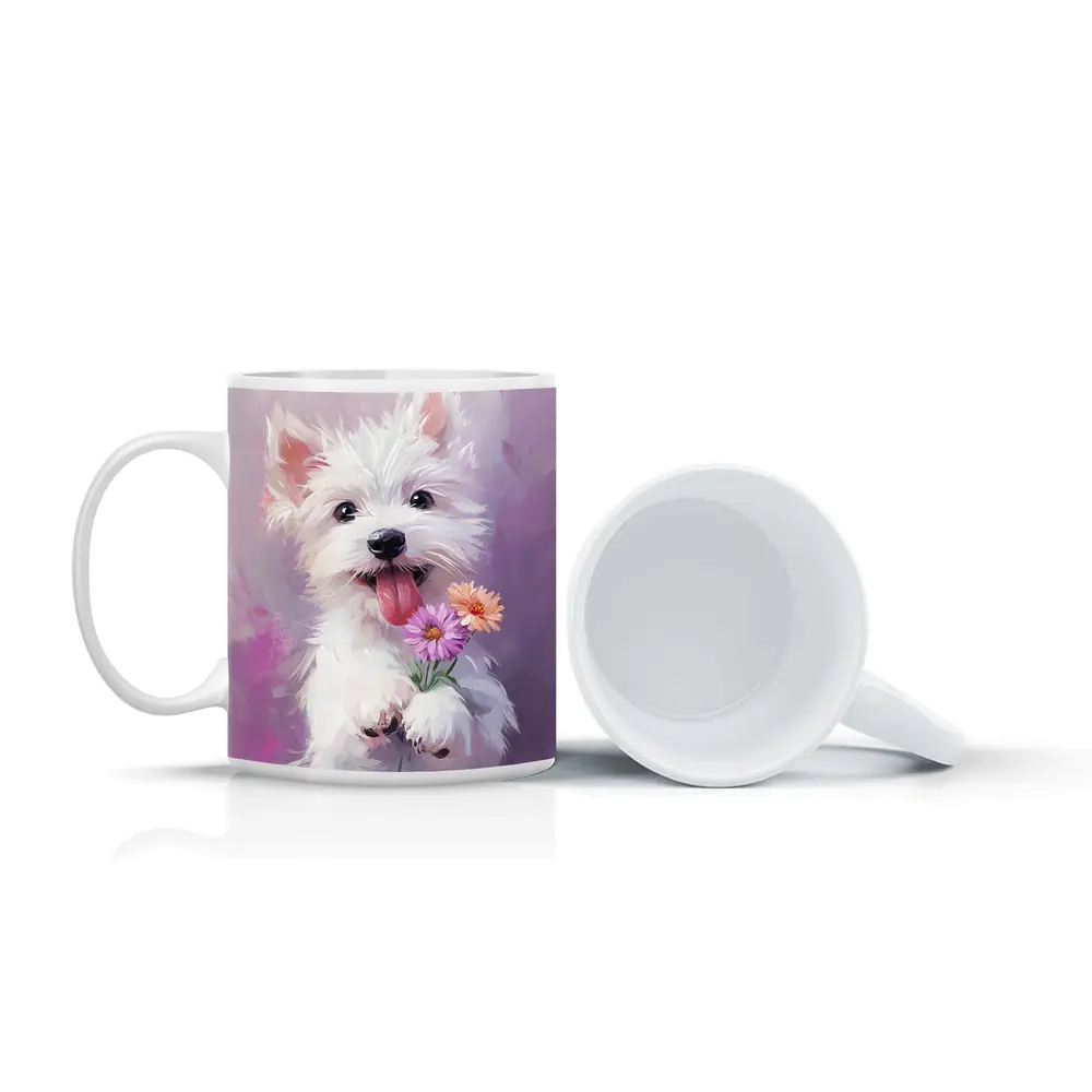 West Highland Terrier Puppy Holding Pink Flowers – Mugs