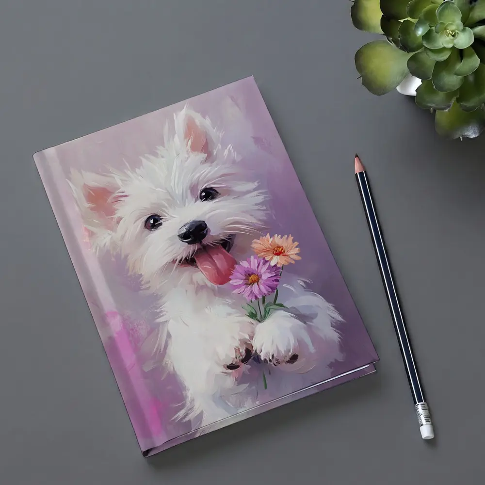 West Highland Terrier Puppy Holding Pink Flowers – Notebooks
