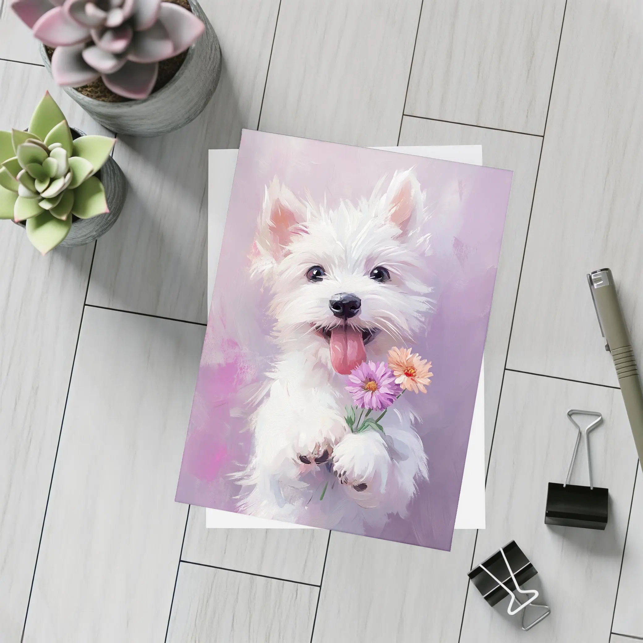 West Highland Terrier Puppy Holding Pink Flowers – Postcards