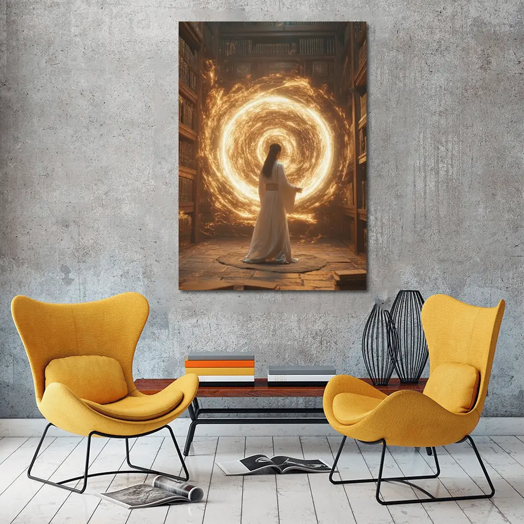 Robed Figure Golden Portal Ancient Library – Wall Art