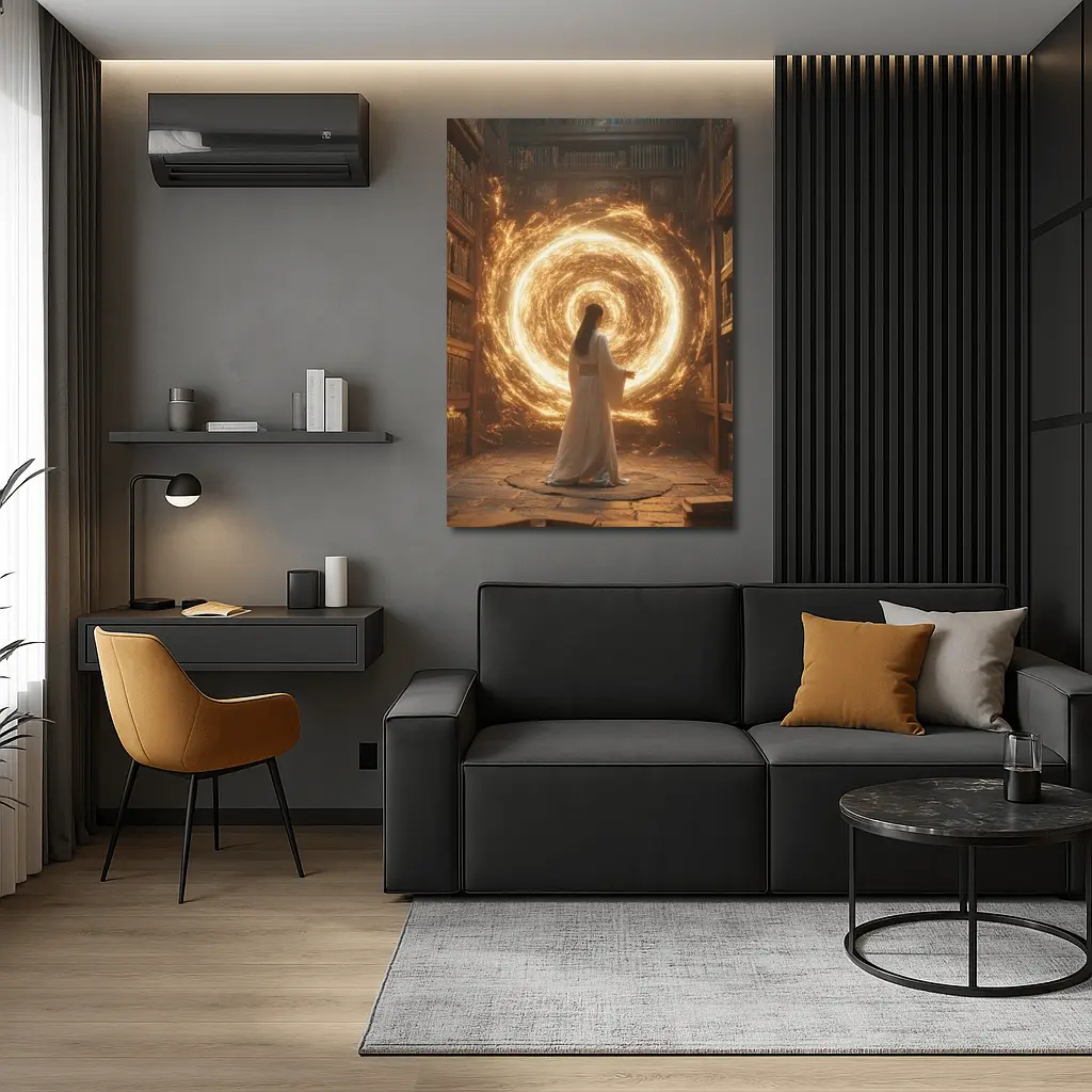 Robed Figure Golden Portal Ancient Library – Wall Art
