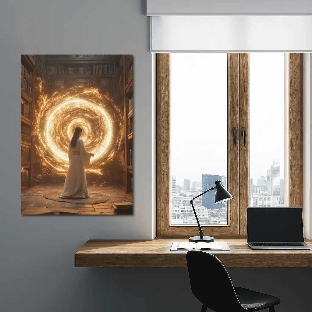 Robed Figure Golden Portal Ancient Library – Wall Art