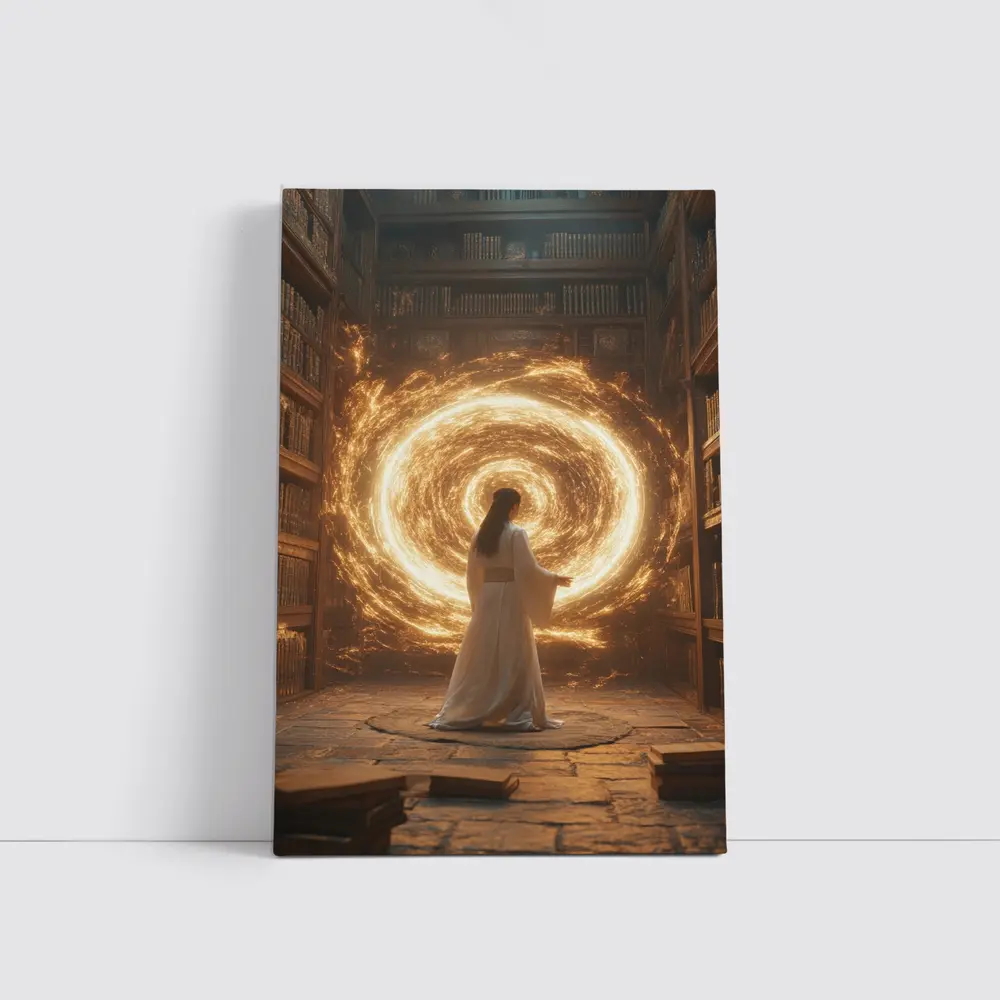 Robed Figure Golden Portal Ancient Library – Wall Art