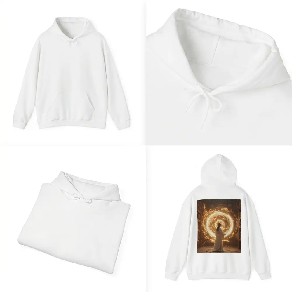 Robed Figure Golden Portal Ancient Library – Hoodies