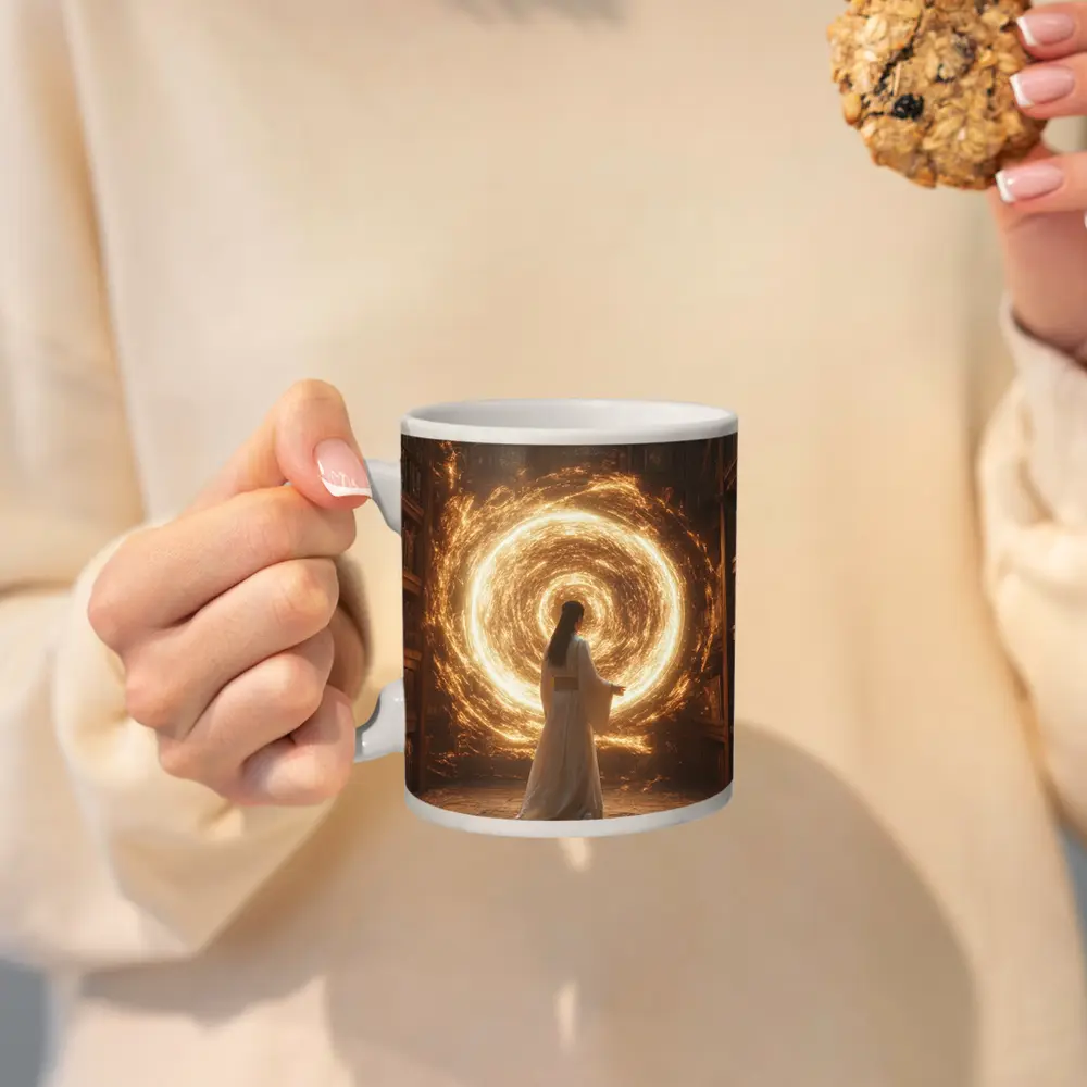 Robed Figure Golden Portal Ancient Library – Mugs