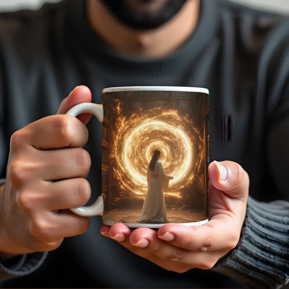 Robed Figure Golden Portal Ancient Library – Mugs